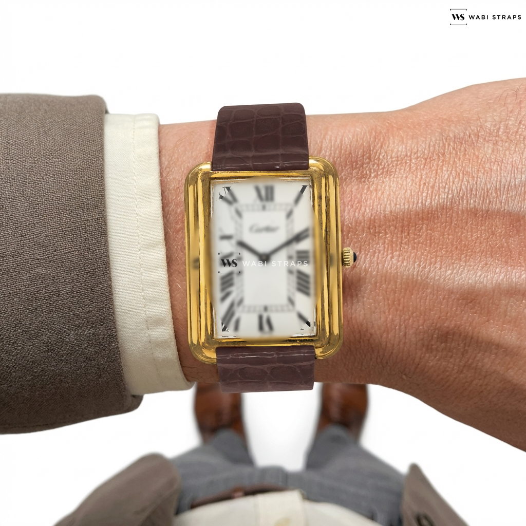 Brown Alligator Grain Leather Watch Strap on Cartier Stepped Case