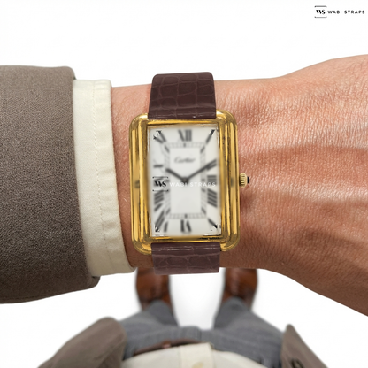 Brown Alligator Grain Leather Watch Strap on Cartier Stepped Case