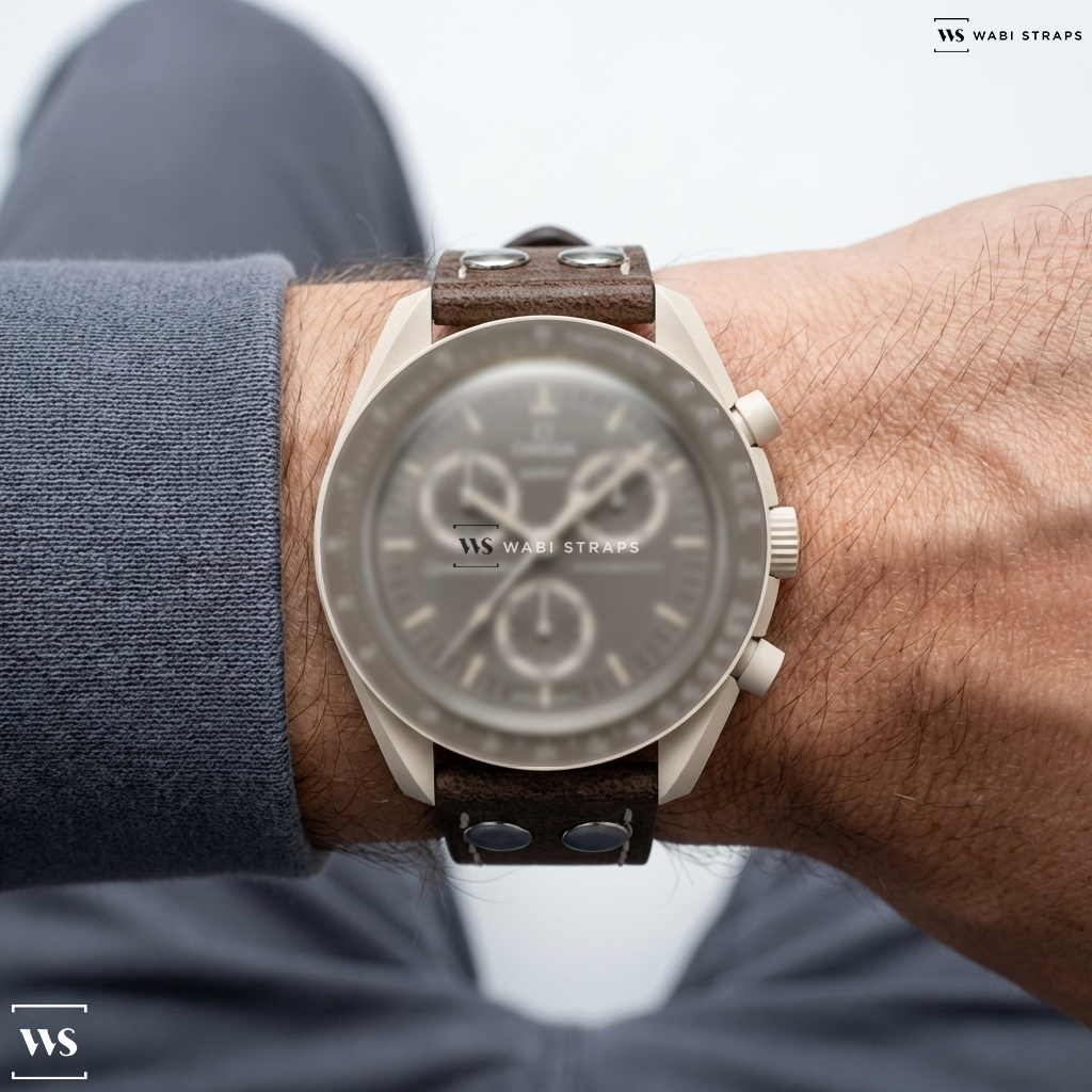 Brown Riveted Leather Watch Strap on MOONSWATCH MISSION ON EARTH - DESERT