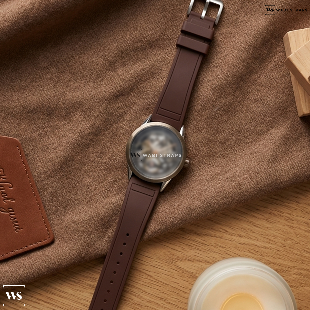 Brown Smooth Rubber Watch Strap on Raymond Weil Freelancer Bronze Skeleton