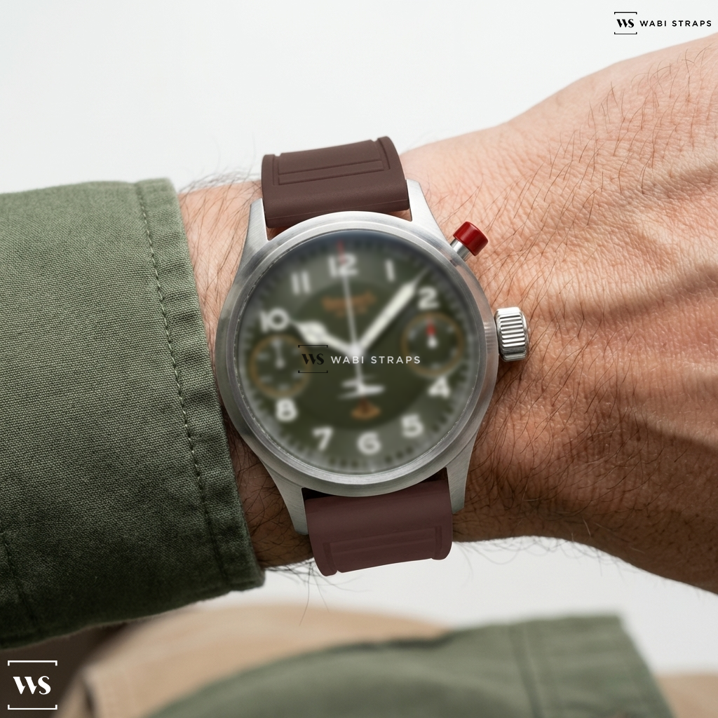 Brown Smooth Rubber Watch Strap on HANHART AUSTRIAN AIR FORCE 732L.290-5110 LIMITED EDITION MEN WATCH