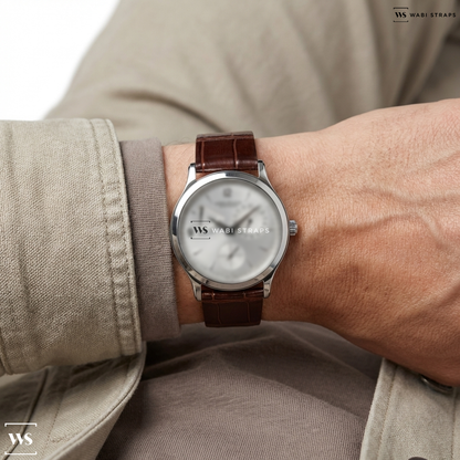 Brown Bamboo Grain Leather Watch Strap on Jaeger LeCoultre Reserve de Marche Steel Silver Dial