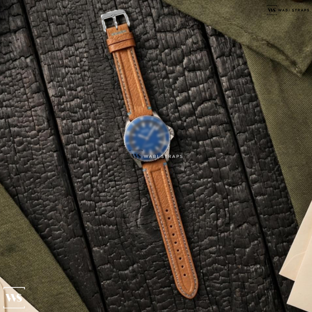 Blue/Brown Double Ridged Leather Watch Strap on Mido OCEAN STAR Automatic Blue Dial Stainless Steel Men's Watch
