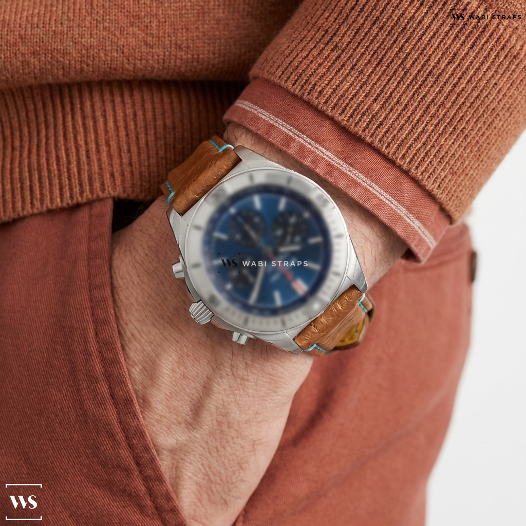 Blue/Brown Double Ridged Leather Watch Strap on Breitling Chronomat Automatic Blue Dial Stainless Steel Men's Watch