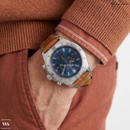 Blue/Brown Double Ridged Leather Watch Strap on Breitling Chronomat Automatic Blue Dial Stainless Steel Men's Watch