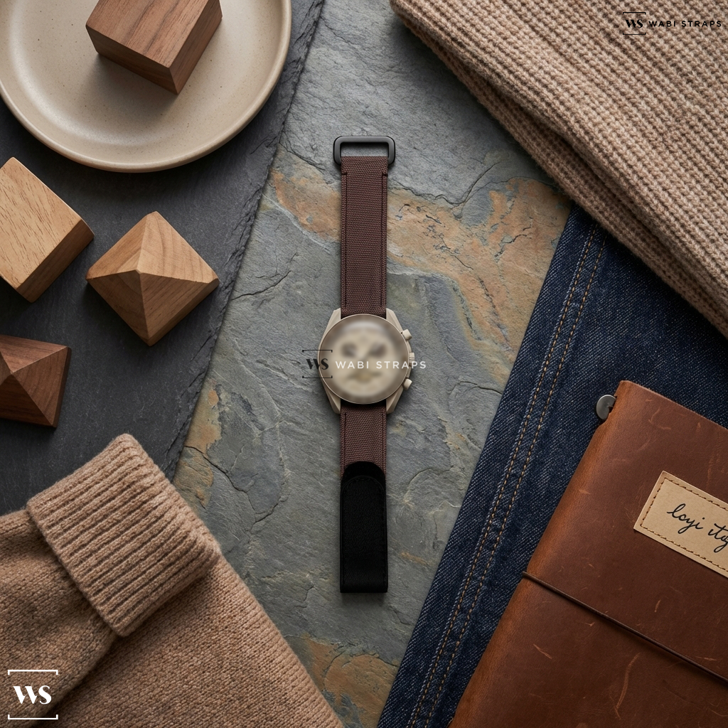 Black/Brown Hybrid Leather Watch Strap on MOONSWATCH MISSION TO SATURN