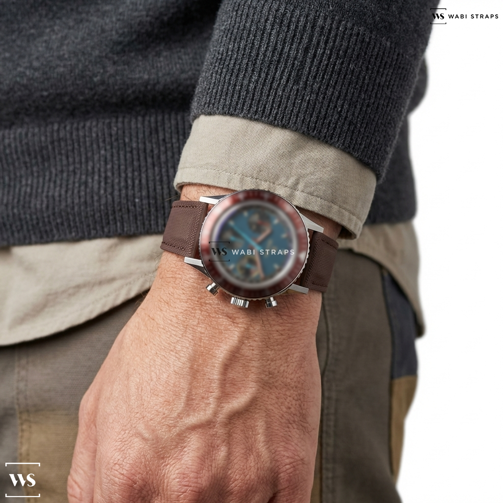 Black/Brown Hybrid Leather Watch Strap on Nivada Grenchen x Worn & Wound Chronomaster Valjoux 72