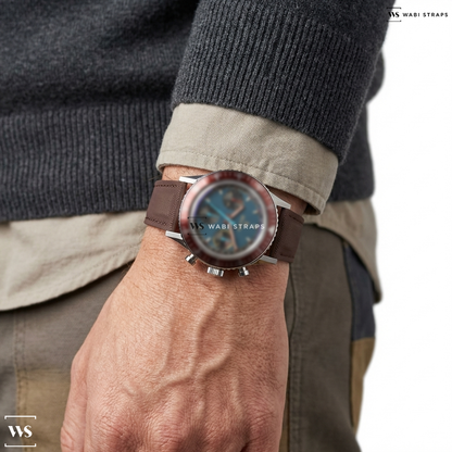 Black/Brown Hybrid Leather Watch Strap on Nivada Grenchen x Worn & Wound Chronomaster Valjoux 72