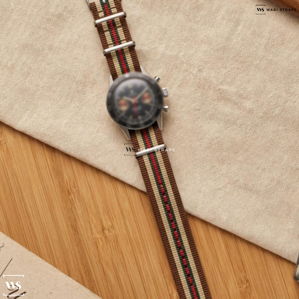 Beige/Brown/Green/Red 7 Stripes Nylon Watch Strap on Nivada Grenchen Chronoking Aviator Sea Diver