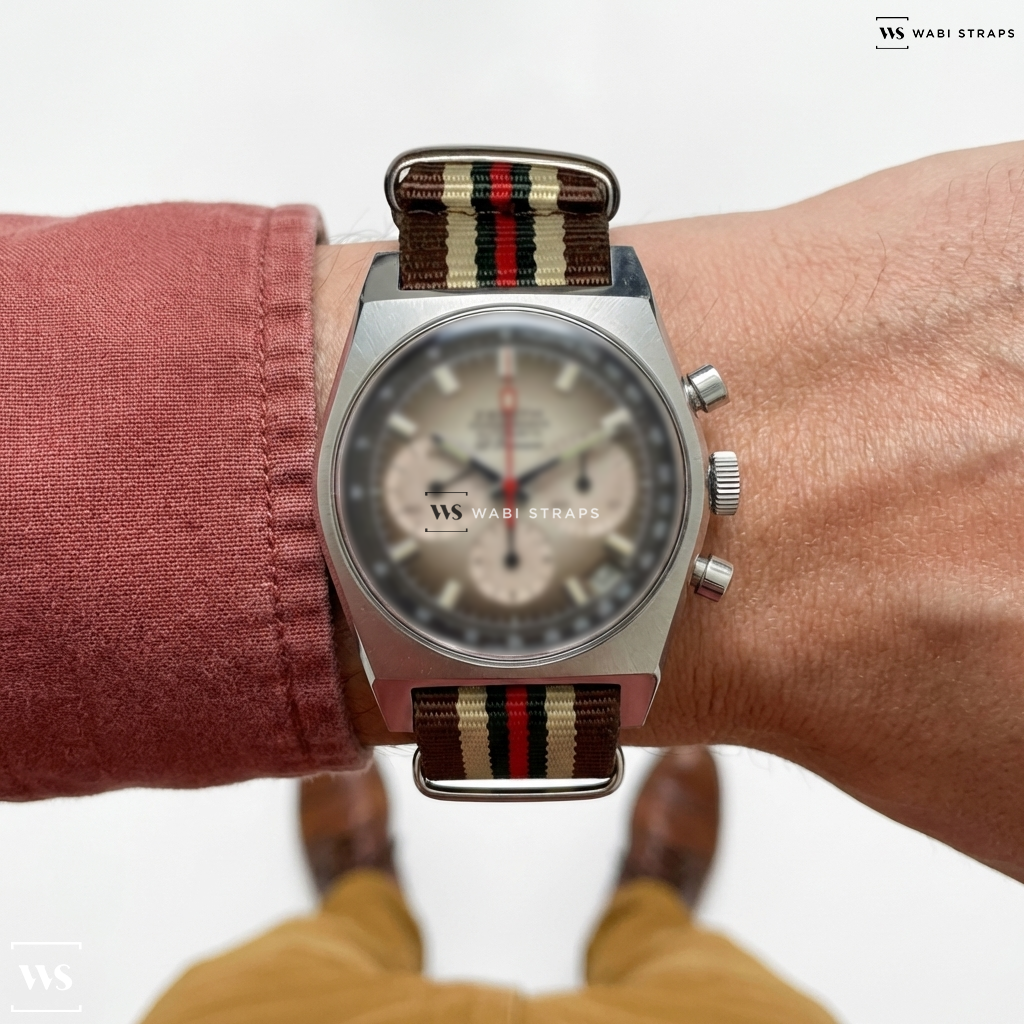 Beige/Brown/Green/Red 7 Stripes Nylon Watch Strap on Zenith El Primero A385
