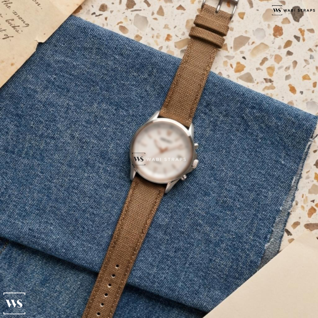 Brown Denim Leather Watch Strap on Seiko Dolce & Exceline Quartz White Dial Titanium Men's Watch