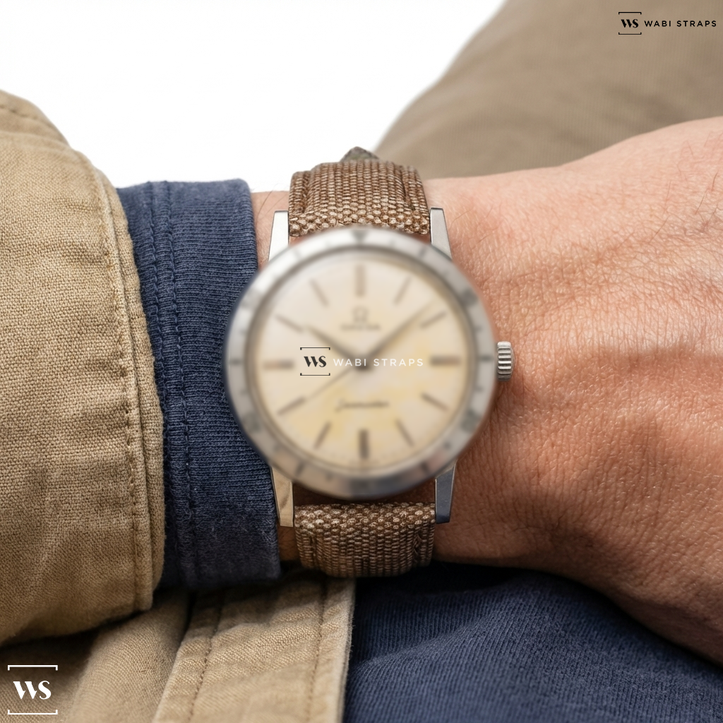 Brown Denim Leather Watch Strap on Omega Seamaster