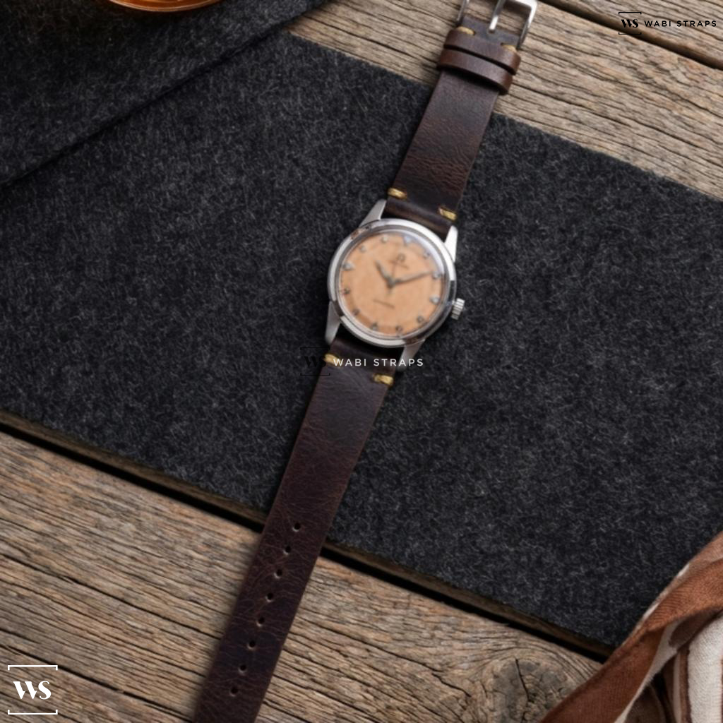 Brown Aged Rustic Leather Watch Strap on Omega Vintage Seamaster Facet Markers