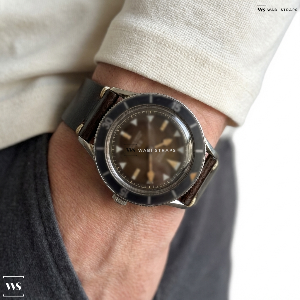 Brown Aged Rustic Leather Watch Strap on Vintage Gruen Ocean Chief Snake Hands Concave Bezel