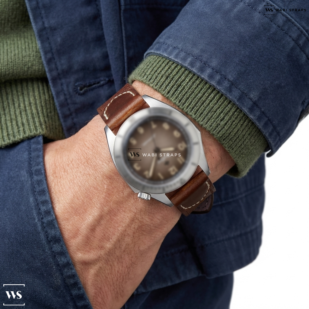 Brown Hybrid Leather Watch Strap on Olympos Military Worn & Wound Edition