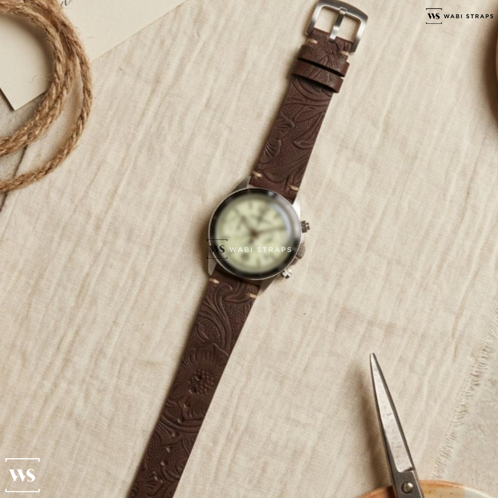 Brown Floral Print Leather Watch Strap on Bell & Ross Vintage BR V2-94 Full Lum Men's Watch