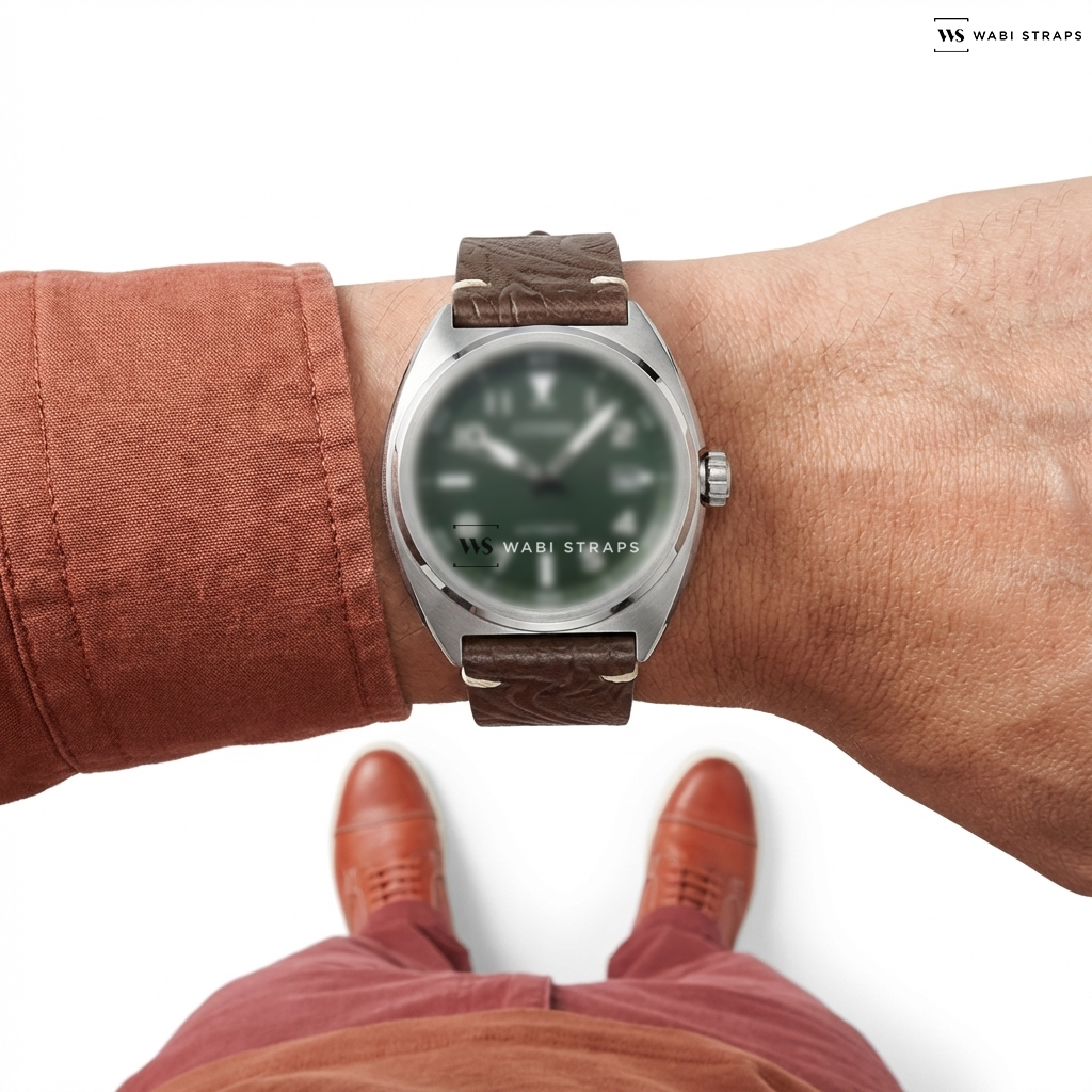 Brown Floral Print Leather Watch Strap on Citizen Automatic Green Dial Stainless Steel Men's Watch