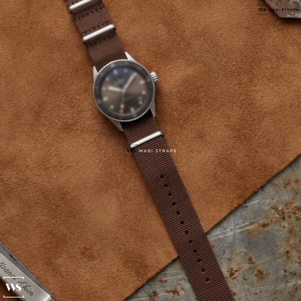 Brown Solid Plain Nylon Watch Strap on Blancpain Fifty Fathoms Bathyscaphe Meteor Grey Dial