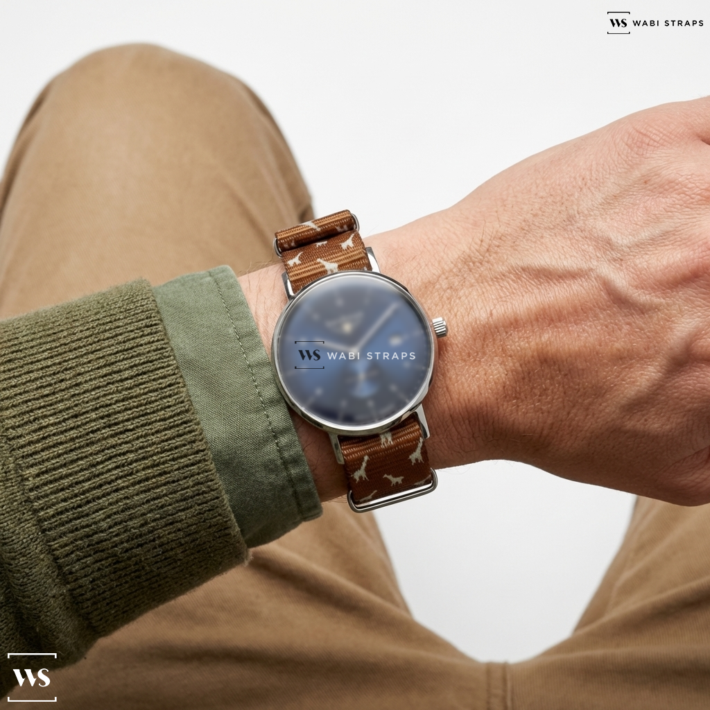 Brown/White Graphic Print Nylon Watch Strap on Bauhaus Watch 21303