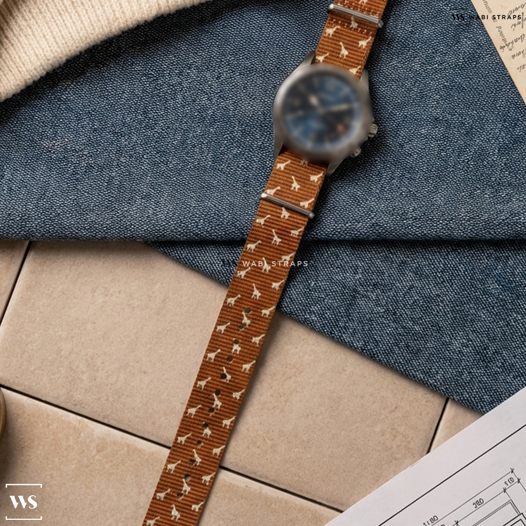 Brown/White Graphic Print Nylon Watch Strap on Seiko Prospex Alpinist GMT