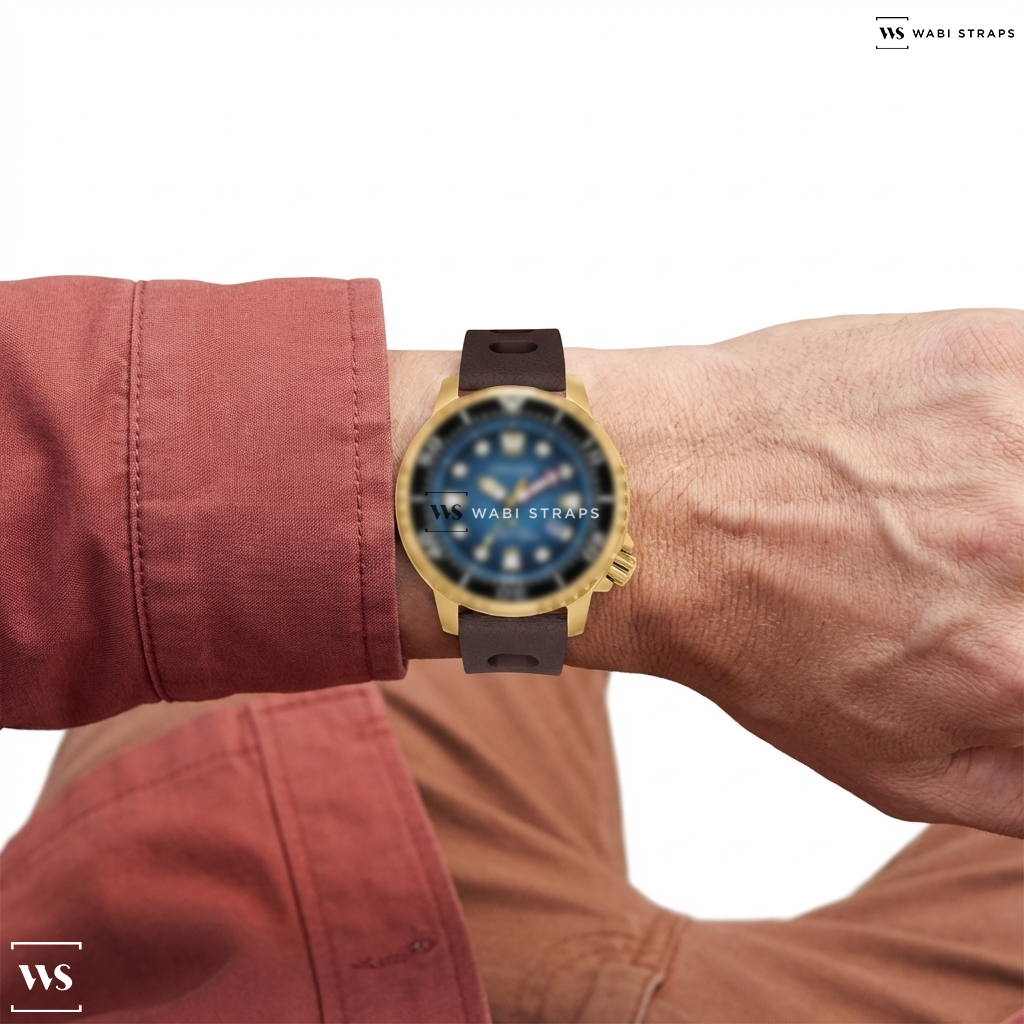 Brown Perforated Silicone Watch Strap on Citizen Promaster Diver BN0162-02X Ecodrive Blue Dial