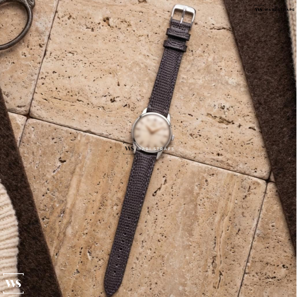 Brown Lizard Grain Leather Watch Strap on Omega 1956