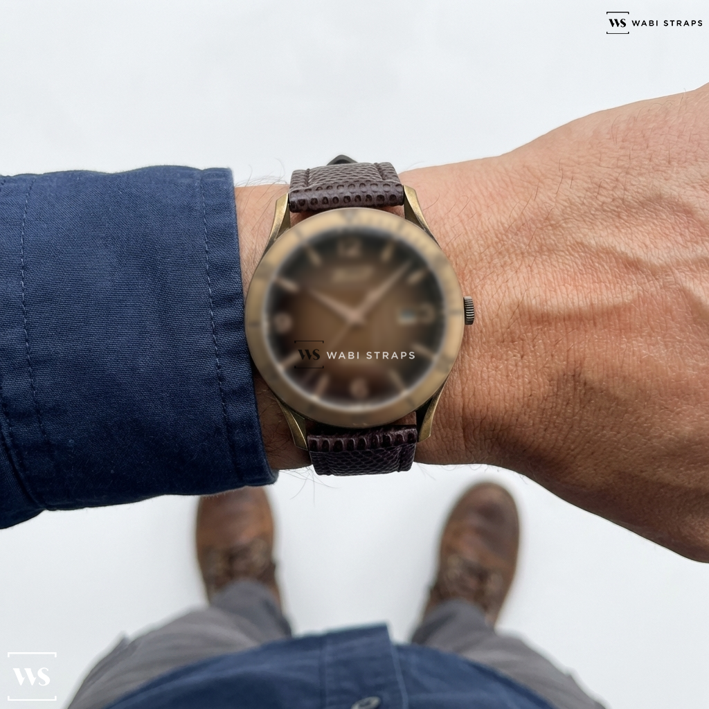 Brown Lizard Grain Leather Watch Strap on Tissot Heritage Visodate Quartz Black Dial Men's Watch