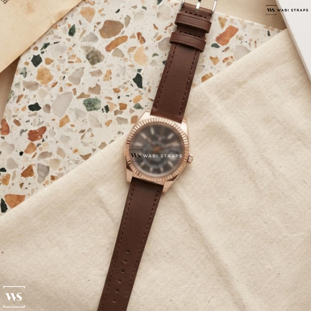 Brown Smooth Leather Watch Strap on Rolex Sky Dweller 336935 Everose 18K Gold Rhodium Dial 2022