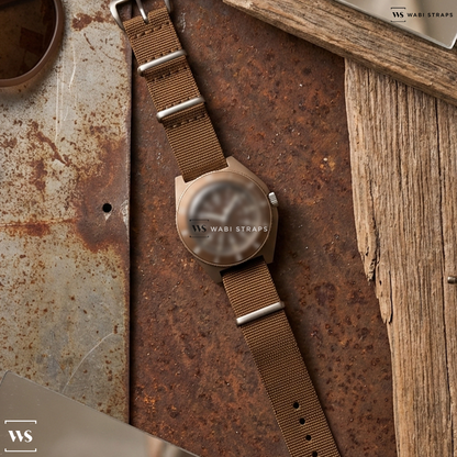Brown Ribbed Nylon Watch Strap on Marathon Navigator
