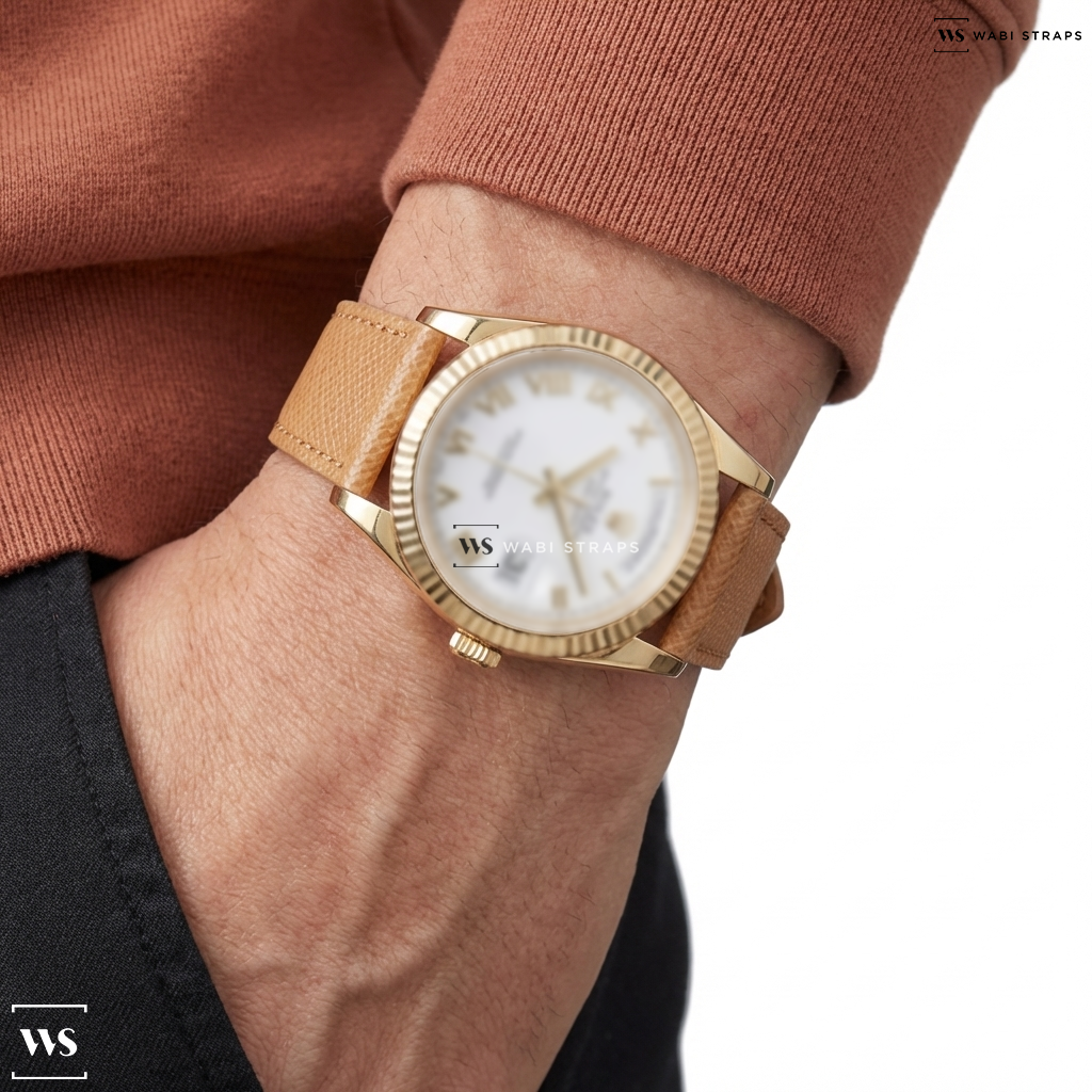 Brown Cross Hatch Leather Watch Strap on Rolex Day-Date YG/YG White Dial Roman Numerals