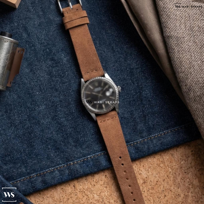 Brown Fuzzy Grain Suede Watch Strap on Rolex Datejust Black Dial