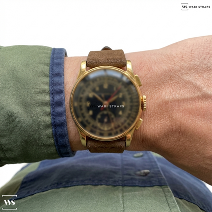 Brown Fuzzy Grain Suede Watch Strap on Longines Brevet Telemeter Snail Dial Doctor's Chronograph