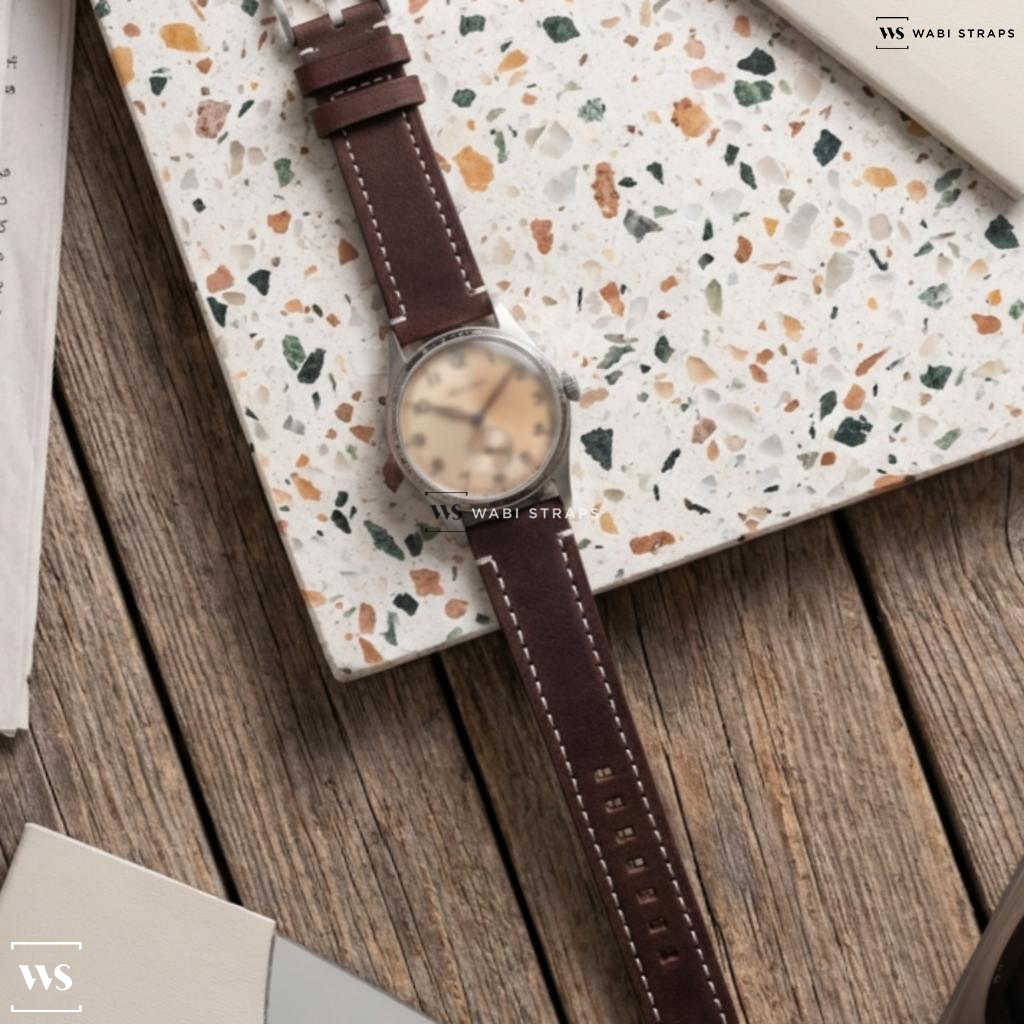 Brown Matte Leather Watch Strap on Vintage Mathey Tissot Dress Watch