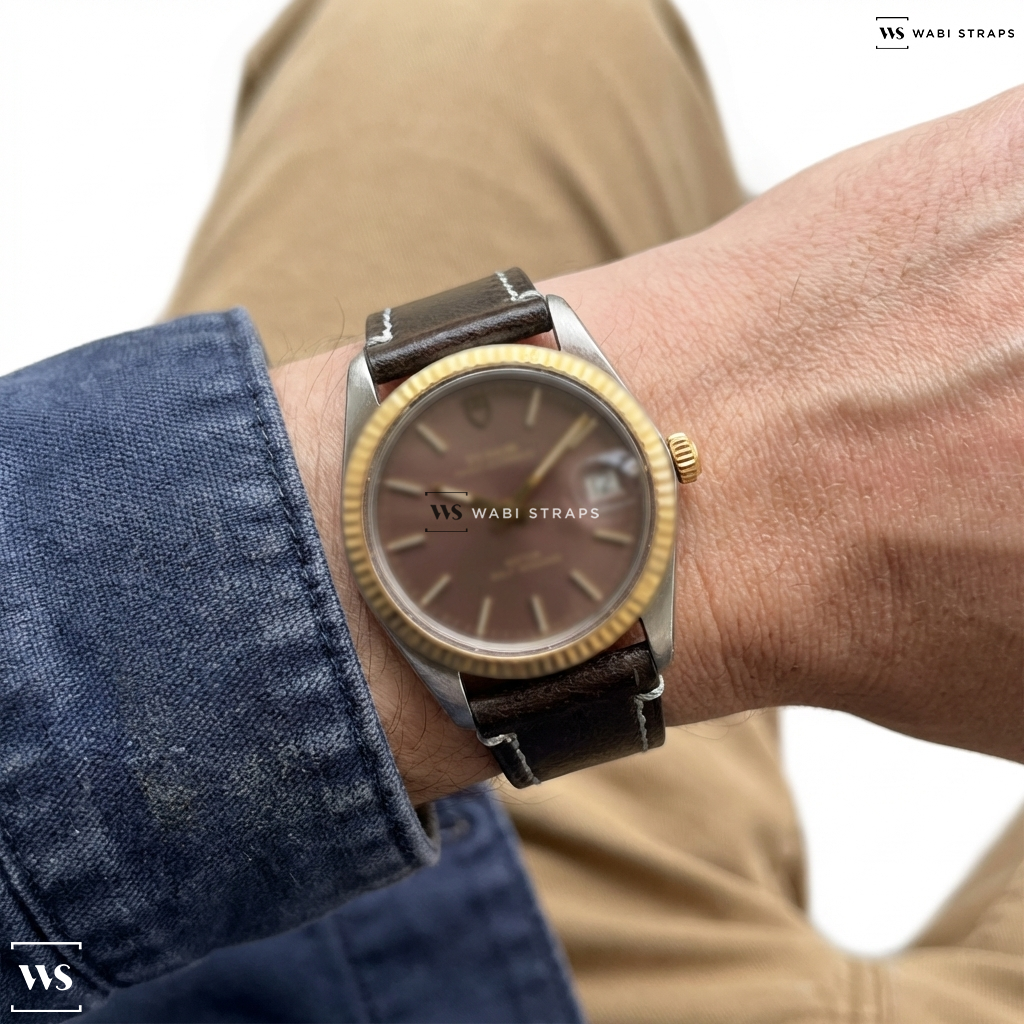 Brown Matte Leather Watch Strap on Tudor Prince Oysterdate Tropical Dial Two Tone
