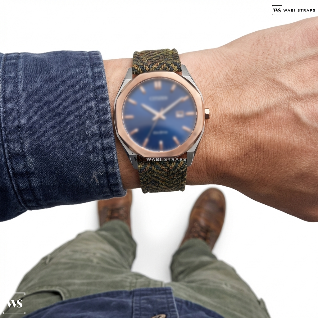 Brown Fuzzy Grain Leather Watch Strap on CITIZEN BM7606-84L ECO-DRIVE TWO TONE STAINLESS STEEL MEN WATCH