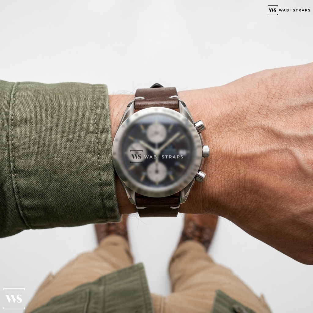Brown Waxed Leather Watch Strap on Omega Speedmaster Reduced Date