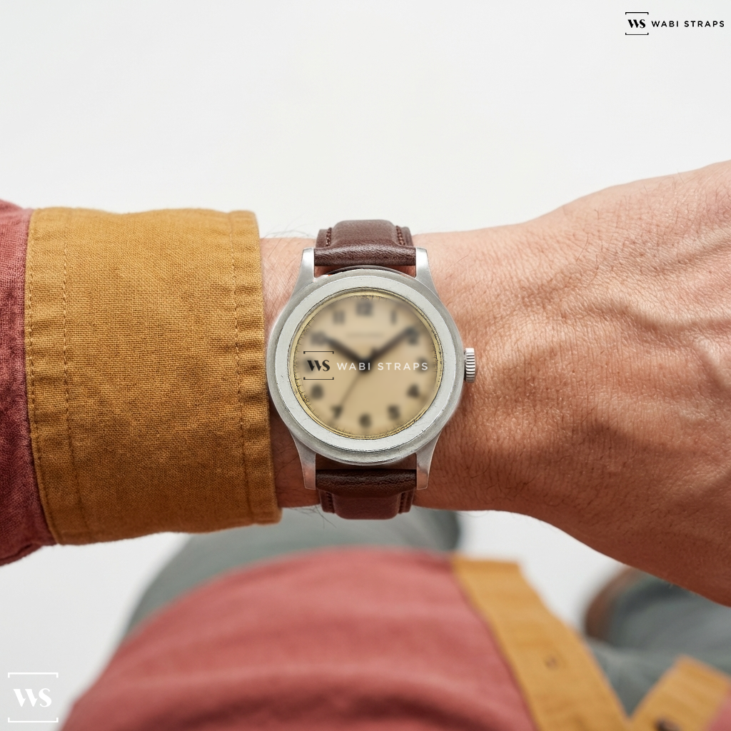 Brown Aged Leather Watch Strap on Pre-Owned Longines Tre-Tacche 4142
