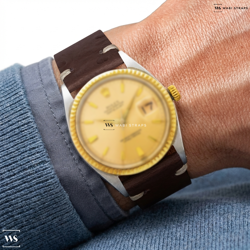 Brown Ostrich Grain Leather Watch Strap on Rolex Datejust Ref. 1601