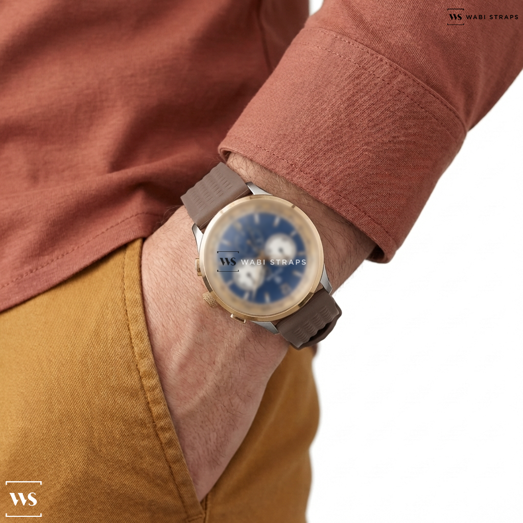 Brown Ribbed Rubber Watch Strap on CYMA W02-00812-007 CHAMPION CHRONOGRAPH QUARTZ BROWN LEATHER MEN WATCH