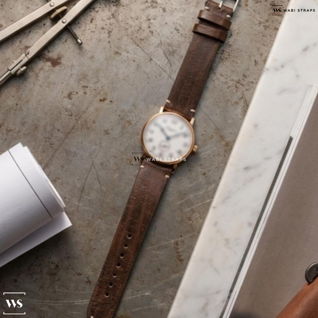 Brown Wood Leather Watch Strap on Longines Présence Automatic Silver Dial 18kt Rose Gold Men's Watch
