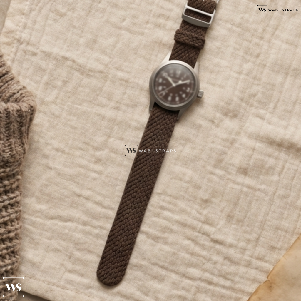 Brown Solid Plain Nylon Watch Strap on Hamilton Khaki Field Brown Dial