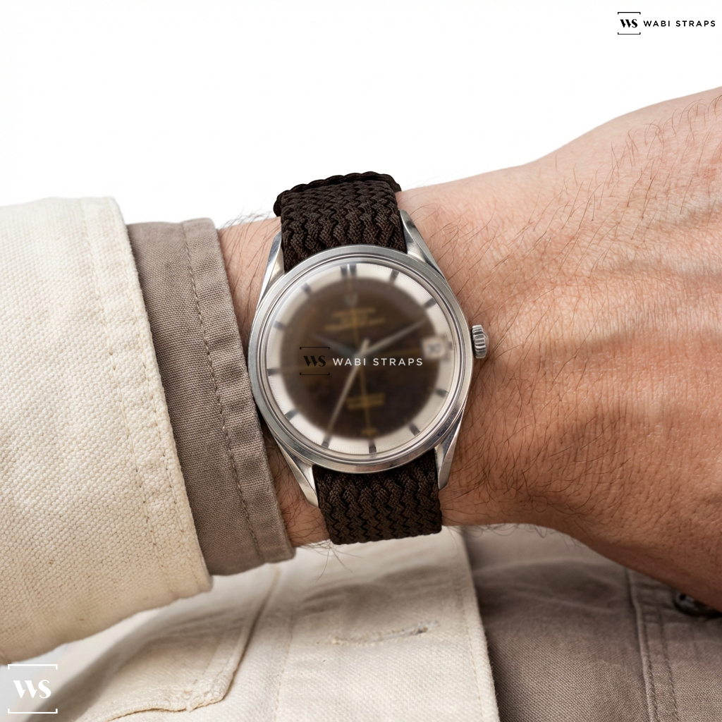 Brown Solid Plain Nylon Watch Strap on Universal Genève Polerouter Date Tropical Reference 204610
