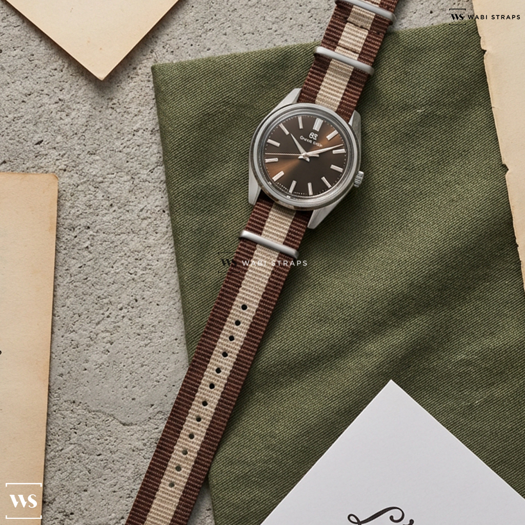 Beige/Brown 3 Stripes Nylon Watch Strap on Grand Seiko Heritage 44GS SBGW293 Tsuji Brown Dial