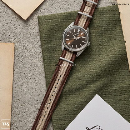 Beige/Brown 3 Stripes Nylon Watch Strap on Grand Seiko Heritage 44GS SBGW293 Tsuji Brown Dial