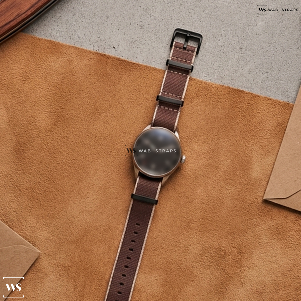 Brown Trim Edge Nylon Watch Strap on anOrdain Model 1 Precious Metal Series