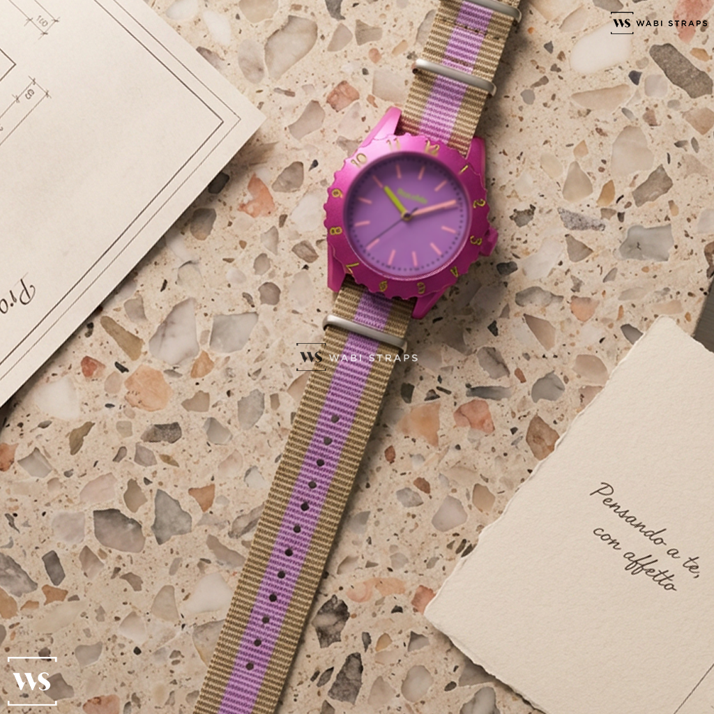 Brown/Purple 3 Stripes Nylon Watch Strap on Parchie Party Time Pink Case Purple Dial