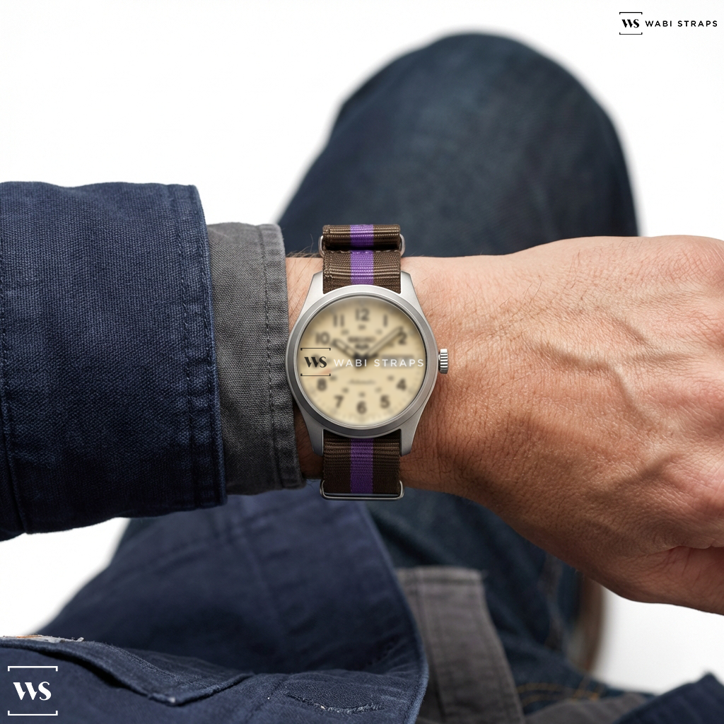 Brown/Purple 3 Stripes Nylon Watch Strap on Seiko 5 Sports SRPJ81 SRPJ83, and SRPJ85