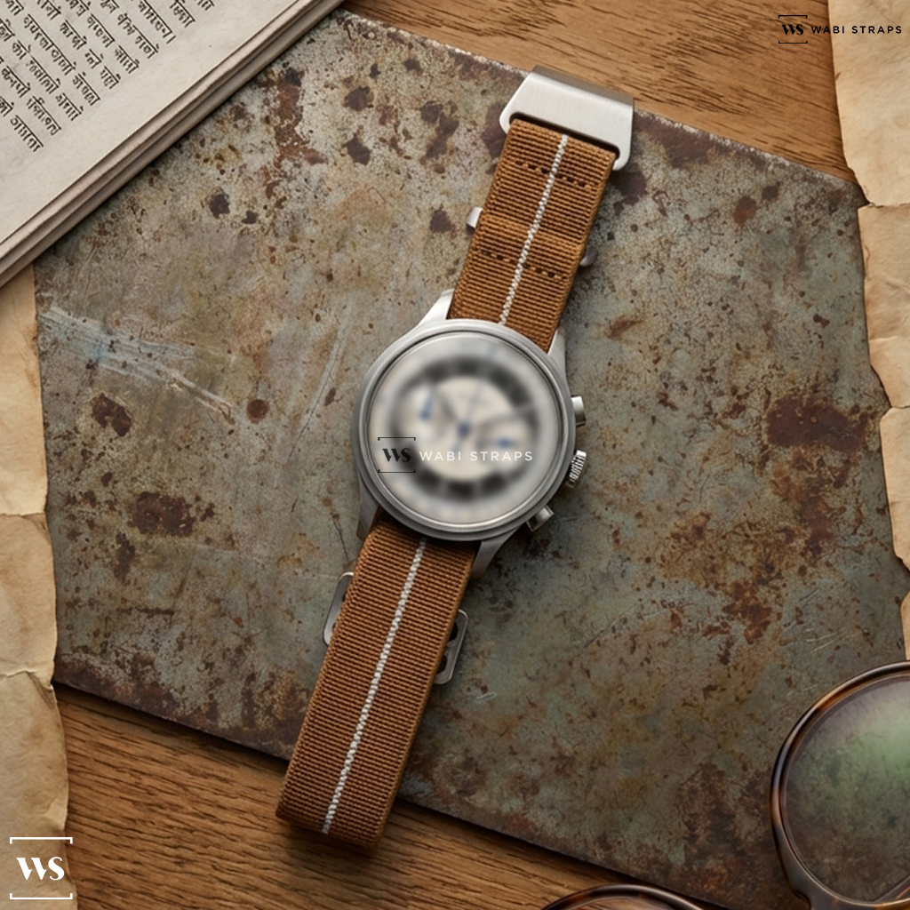 Brown/White 3-Stripe Nylon Watch Strap on Longines Heritage 40mm Mens Watch L28304930