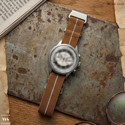 Brown/White 3-Stripe Nylon Watch Strap on Longines Heritage 40mm Mens Watch L28304930