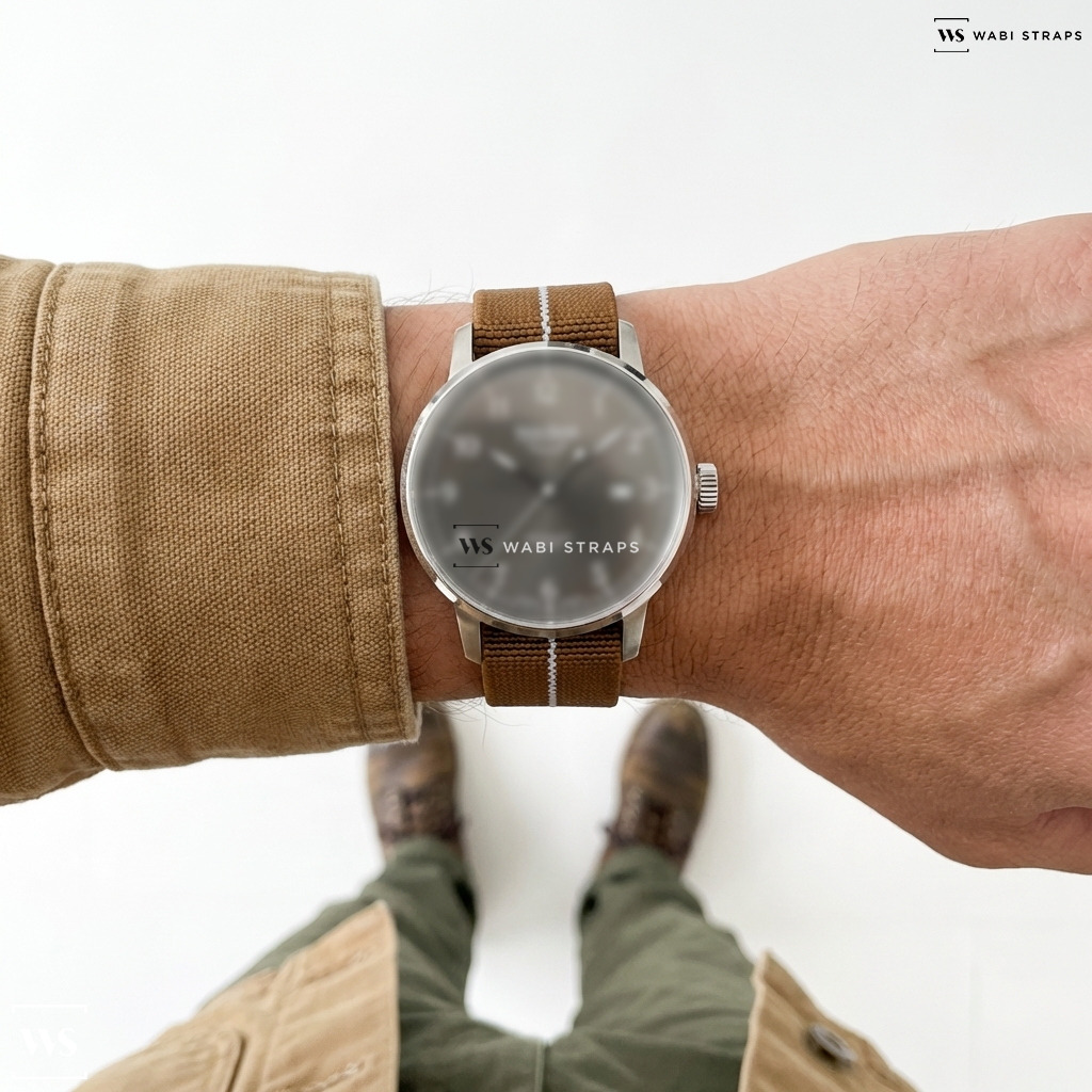 Brown/White 3-Stripe Nylon Watch Strap on Bruno Sohnle Glashutte Hamburg Automatik Big